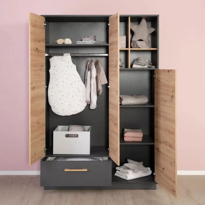 Armoire Bébé 3 Portes Lenn - ROBA - Anthracite / Chêne Artisan - Élégance et Praticité-2