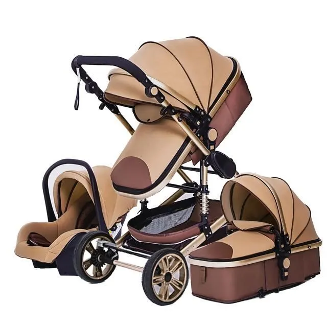 Bebeboutik BAZARLAND30 Poussette 3 en 1 Bebe Combinee Siege Auto Nacelle Trio Reversible Reglable Haute Qualite Roues increvables Canne khaki