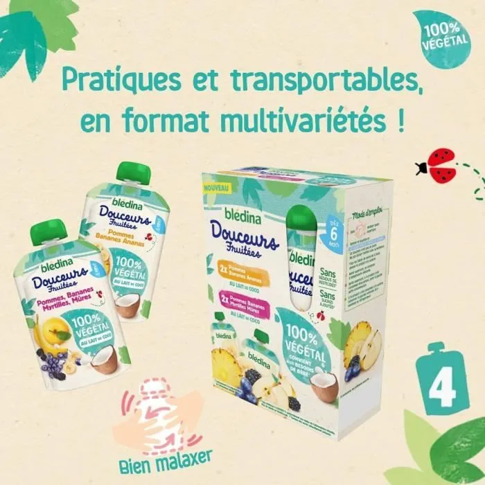 16 Gourdes 100% végétal Fruits & Lait de Coco 4x(4x90g) - Blédina Dès 6 Mois-0
