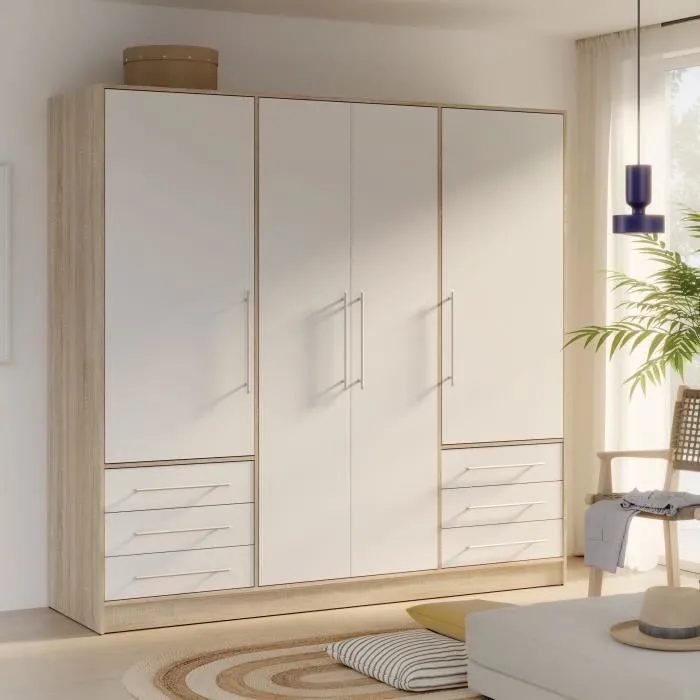 Armoire 4 portes battantes + 6 tiroirs - Chêne et blanc - L 206 x P 60 x H 200 cm - JUPITER-0
