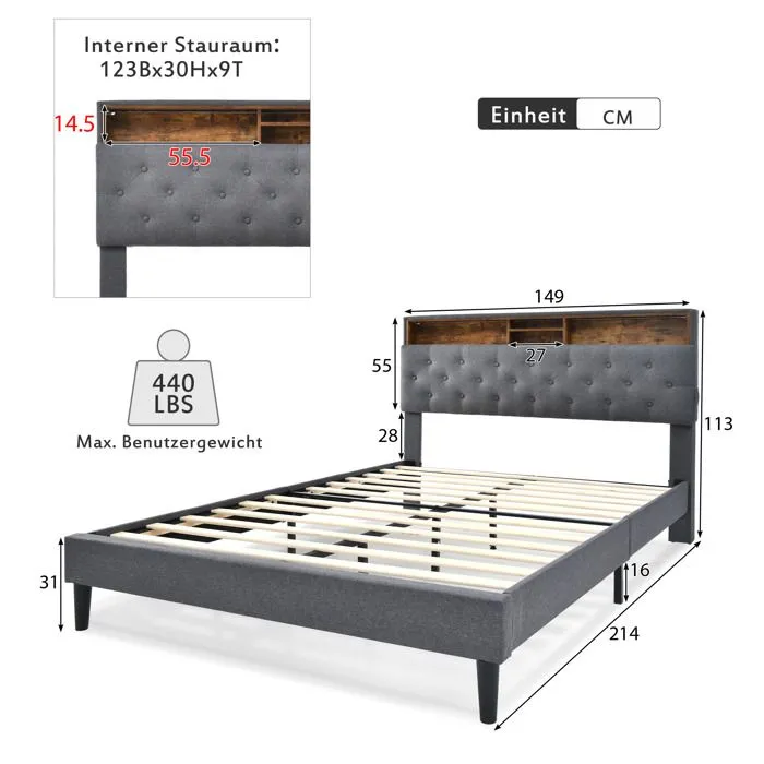 Lit adulte 140x200 cm - Tête de lit avec rangement, LED - Gris - MODERNLUXE - Design contemporain-4
