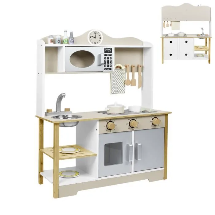 XMTECH Cuisine Enfant en bois, 65x24x85cm Ensemble de Cuisine Enfant Jeu d'imitation avec Accessoires, Jeu De Cuisine Creative-0