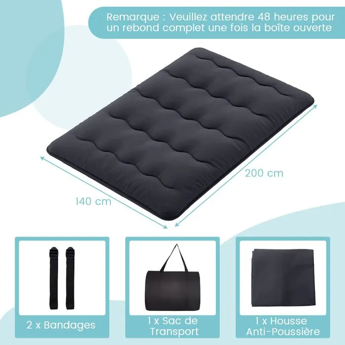 COSTWAY Matelas Futon 140 x 200 CM, Surmatelas Amovible Lavable, Matelas de Sol Portable avec Sac de Transport pour Camping, Noir-2