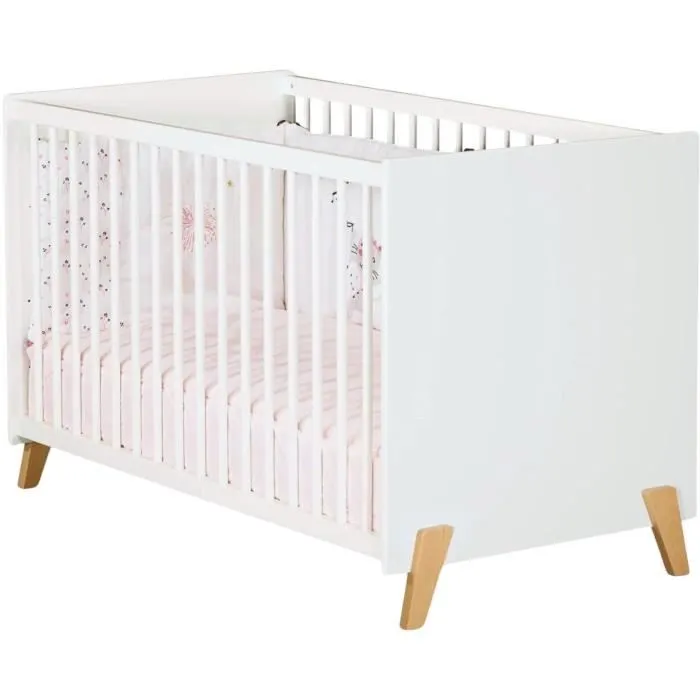 Lit bébé - 120 x 60 cm - Babyprice Joy Naturel - Blanc - Sur pieds en bois naturel-0