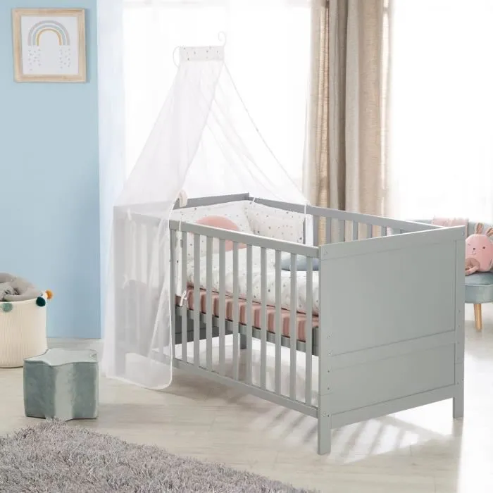 ROBA Lit Bébé Évolutif 70x140 - Réglable en Hauteur - 3 Barreaux Amovibles - Coins de Transformation Inclus - Bois Gris-1