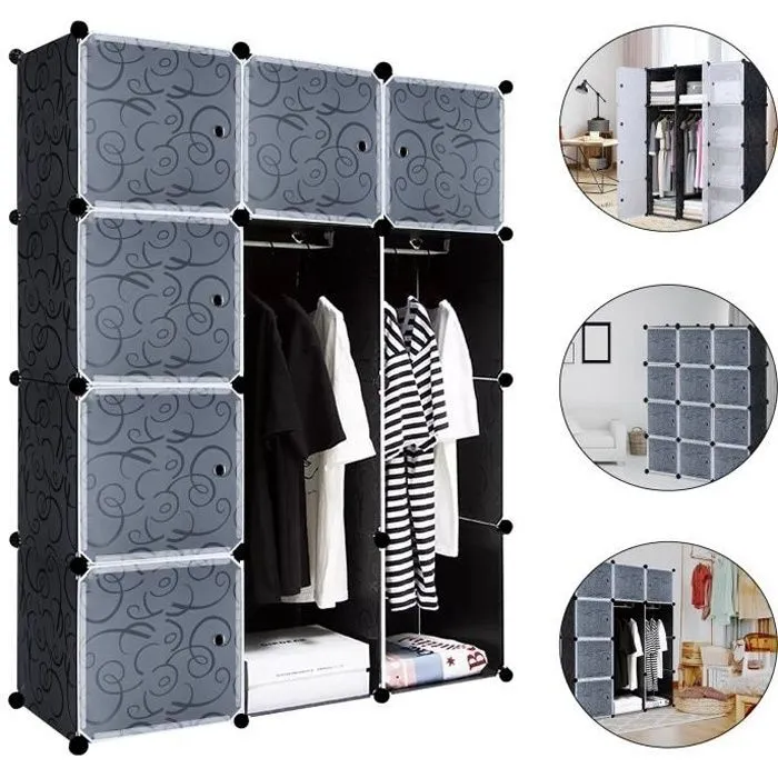 Armoire de Chambre en Plastique LZQ - 12 Cubes - Noir avec Motif-0