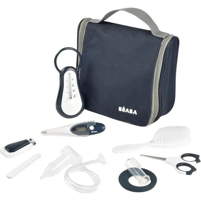 BÉABA - Trousse de Toilette Bébé - 9 Accessoires - Thermomètre Bain et Digital - Anneau Dentition - Masseur de Gencives - Night Blue-0