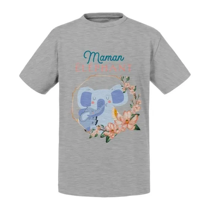 T-shirt Enfant Gris Maman éléphant et son Bébé Dessin Illustration-0