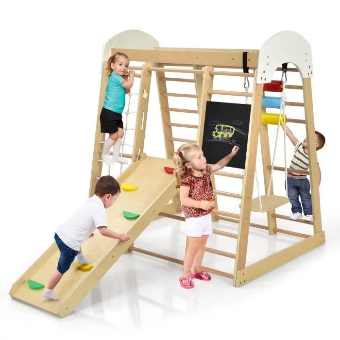 COSTWAY Cadre d'Escalade 8 en 1 pour Enfant avec Toboggan, Echelle d'Escalade, Filet d'Escalade, Planche à Dessin ect. pour 3 Ans+-1