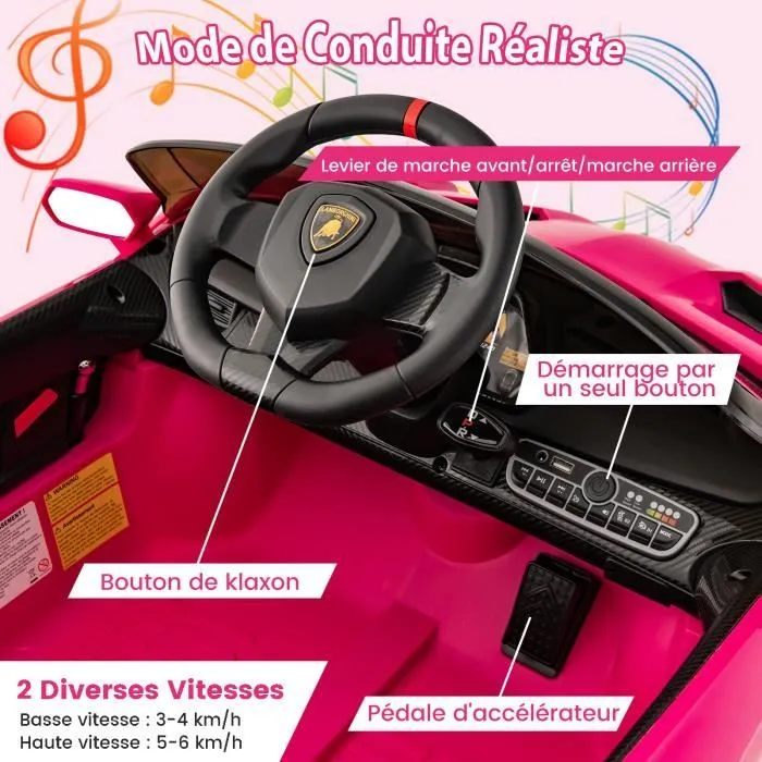 Lamborghini Voiture Électrique 12V/7 Ah pour Enfants, Télécommande 2.4 G, Portes Hydrauliques, LED, klaxon, MP3, USB, 3-8 Ans, Rose-2