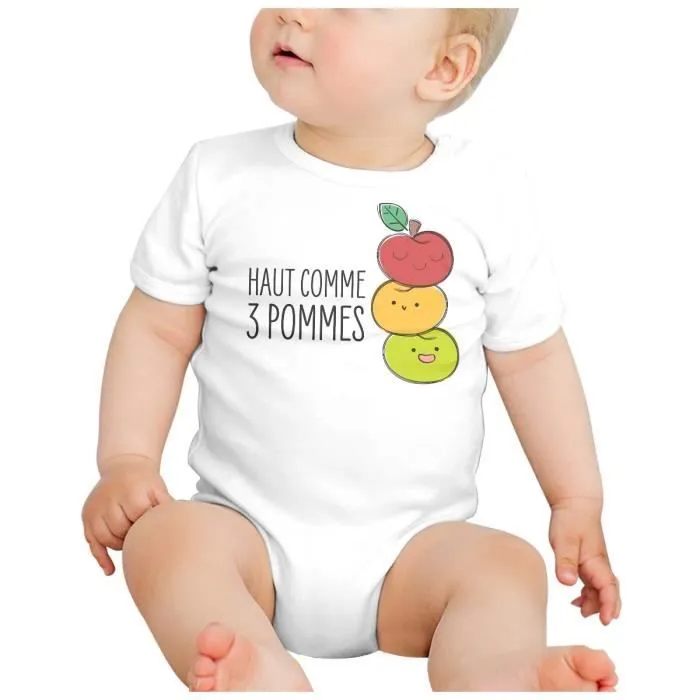 Body Bébé Manche Courte Blanc Haut comme 3 Pommes Expression Fruits Enfant-1