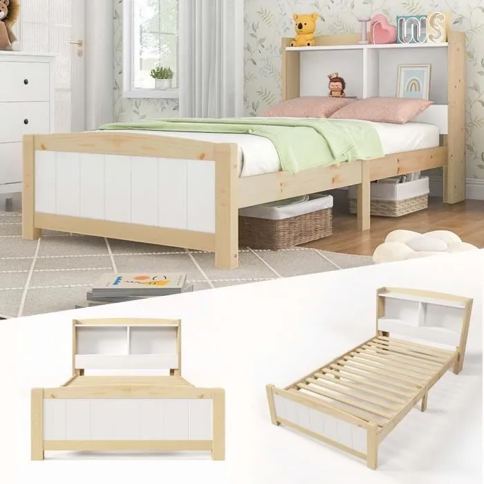 Lit enfant 90x200 cm, lit simple en bois massif avec espace de rangement, sommier à lattes, naturel + blanc-0
