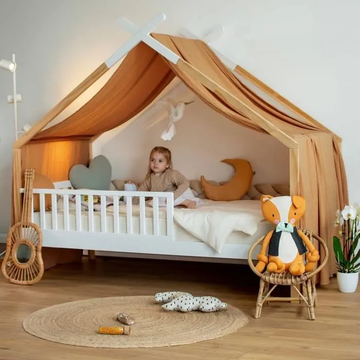 Toile de lit ciel de lit cabane en gaze de coton Camel 420 x 140 cm-1