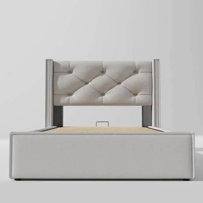 Lit Coffre 90x200cm, avec coffre de rangement, en coton, avec sommier à lattes, gris clair-2