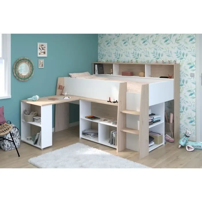 PARISOT Lit combiné enfant avec bureau rétractable - Décor blanc et chêne - 90x 200 cm - Sommier inclus -THEO-1