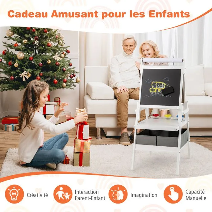 COSTWAY Chevalet d'Art 3 en 1 -Tableau Noir & Blanc Magnétique,Rouleau de Papier & 2 Bacs en Tissu pour Enfants 3-6 Ans Blanc-4