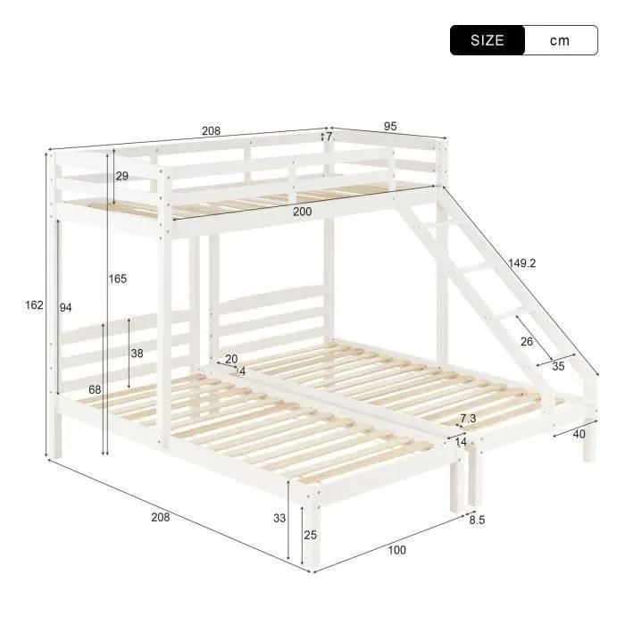 Lit superposé enfant - Blanc - 90x200 cm - 3 places - Bois massif - Sécurisé avec barrières-3