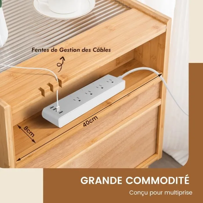 COSTWAY Table de Chevet en Bambou avec Tiroir, Plateau en Verre, Design Cannage, 4 Pieds en Bois Massif, 43 x 35 x 50 cm, Naturel-2