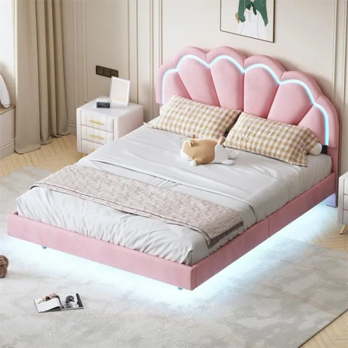 Lit double 140x200cm en velours cadre avec lampes LED pour enfant et adolescents avec sommier à lattes et tête de lit couronne Rose-1