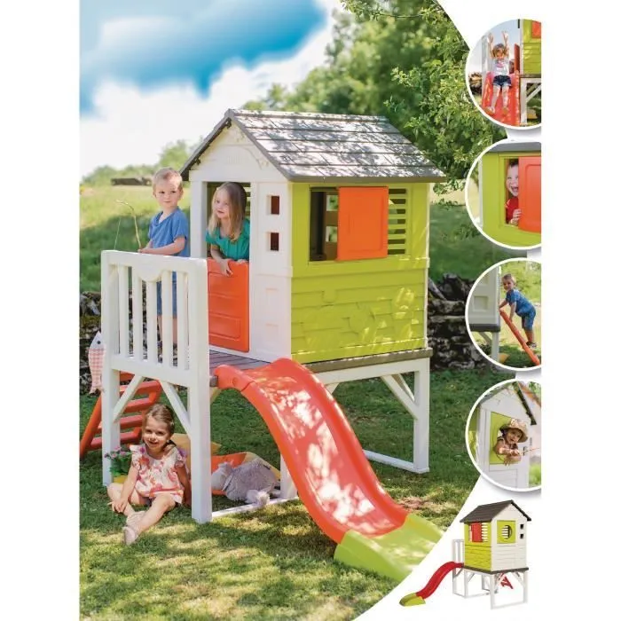 Maison Pilotis Smoby - Toboggan - Plateforme 70cm - Anti-UV - Vert - Fabriqué en France-2