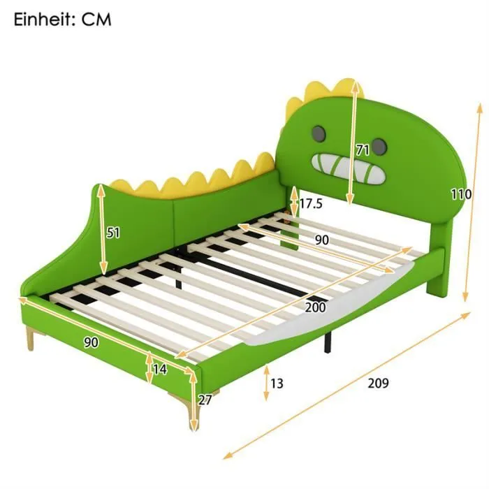 Lit d'enfant - Dinosaure - 90x200cm - PU - Vert - 1 place-3