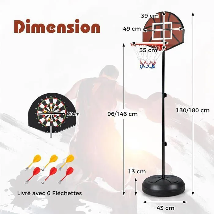 Panier de Basket-Ball sur Pied COSTWAY-2 en 1 Cible de Fléchettes-Hauteur Réglable 130-180cm-Panneau Double Face-Base Remplissable-5