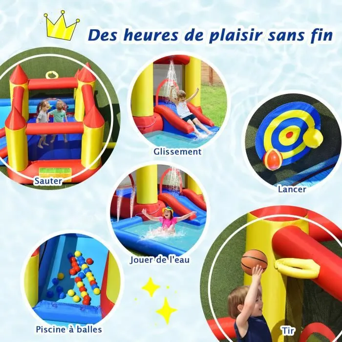 COSTWAY Toboggan Aquatique Gonflable Gonfleur 480W Zone de Saut,Pataugeoire,Piscine à Balles,Panier de Basket-ball,Jeu de Lancer-1
