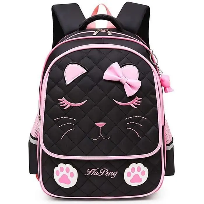 Cartable Fille Primaire, Sac à Dos Scolaire pour Enfants (Chat Noir)-0