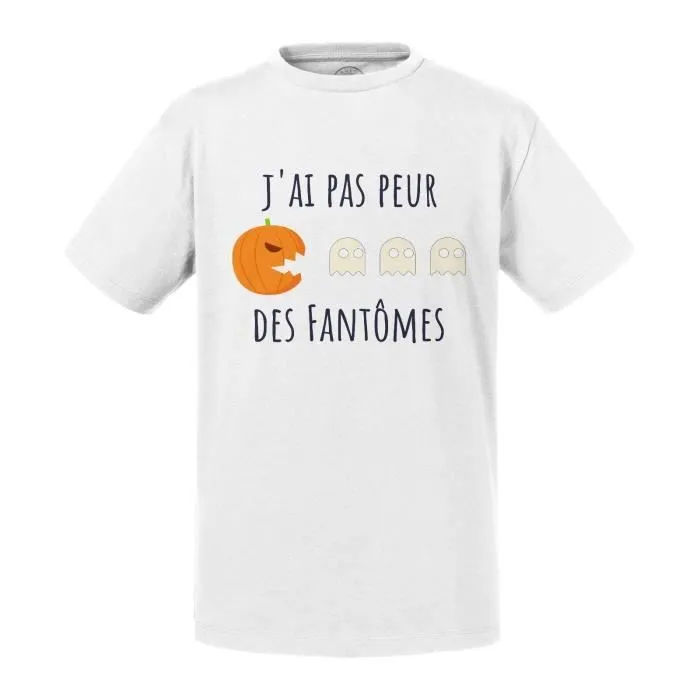 T-shirt Enfant Blanc J'ai pas peur des Fantomes Halloween Geek Retro Gaming-0
