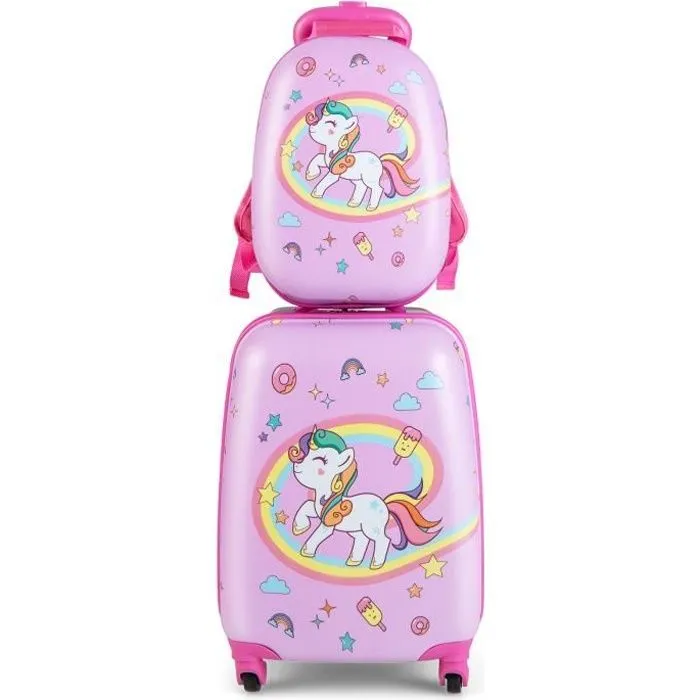 COSTWAY Valise Enfant à Roulettes 16’’ + Sac à dos 12’’, Ensemble de Bagage Enfants avec Motif Licorne, pour voyages en avion, Rose-0