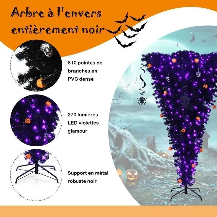 COSTWAY Sapin de Noël Artificiel Noir 180 cm Inversé Arbre d'Halloween avec 270 Lumières LED Violettes Décoré de Citrouilles Crânes-2