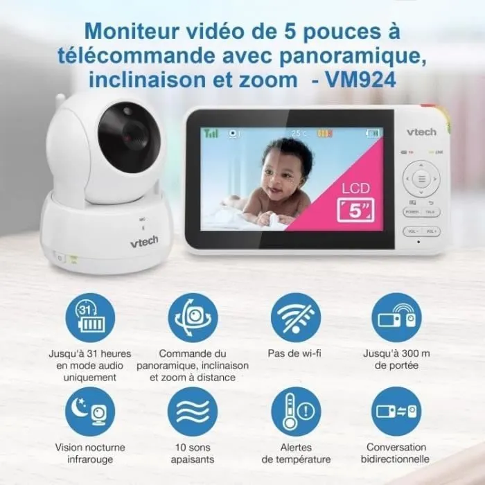 Moniteur vidéo numérique pour bébé VTech VM924 avec fonction panoramique et inclinaison-1