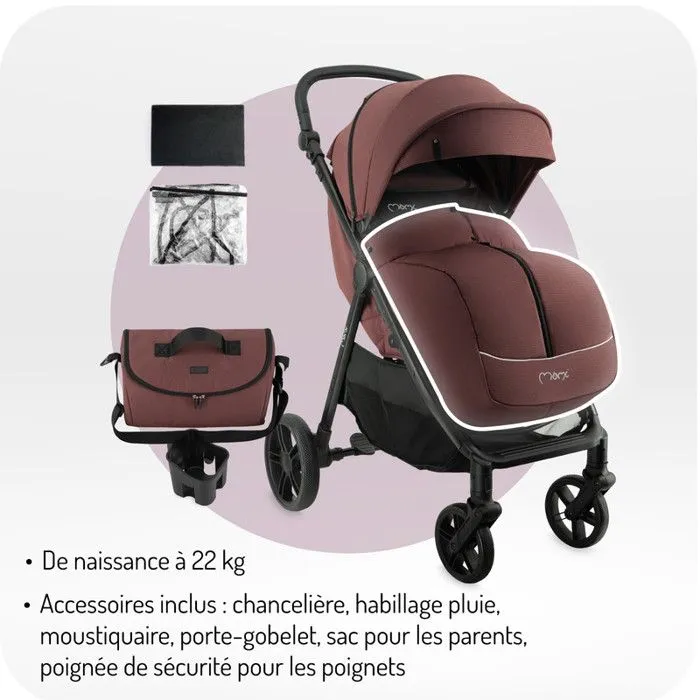 MoMi CLARA Poussette - De 0 mois à 22 kg - Kit d'accessoires – Sac - Barre de sécurité rotative - Poignée réglable – Bordeaux-1