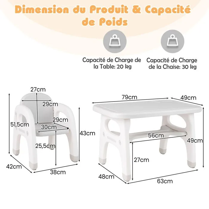 COSTWAY Ensemble Table et Chaise pour Enfants 1-5ans avec Décor Dinosaure Jeux de Construction Plateau de Rangement Plastique Gris-3