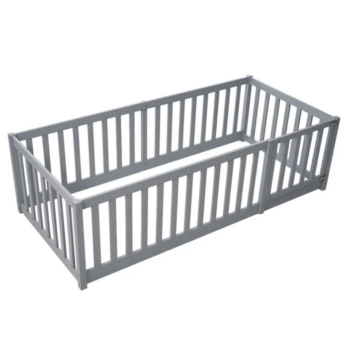 Lit d'enfant - Non spécifié - 90 x 200 cm - Bois massif - Gris - Barrière avec porte-4