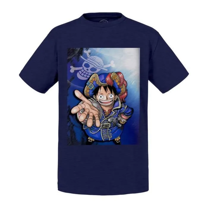 T-shirt Enfant Bleu Luffy Chapeau De Pirate One Piece Manga Anime Japon-0