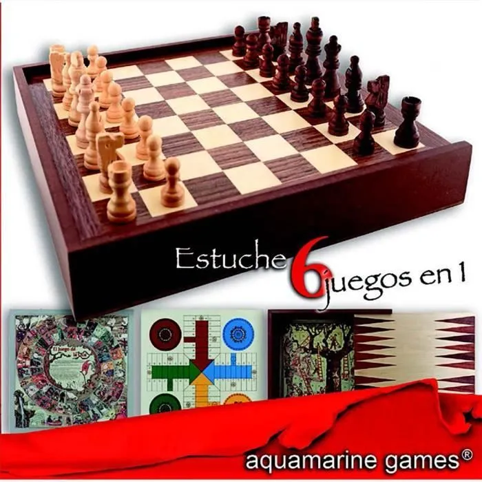 Aquamarine Games - 6 Jeux Classiques : échecs- Dames- Backgammon- oche- parchis- échelle (CP030)-0