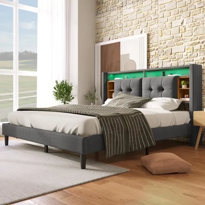 BM lit double 140x200cm, tissu en lin, avec étagères de rangement, LED, lit capitonné adulte, sommier à lattes en bois massif, gris-1