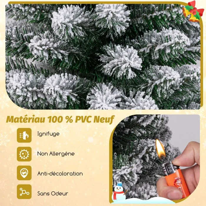 Sapin de Noël Artificiel 150 cm COSTWAY, Floqué de Neige, Support en Métal Pliable, 328 Branches, Forme Fine, pour Petits Espaces-2