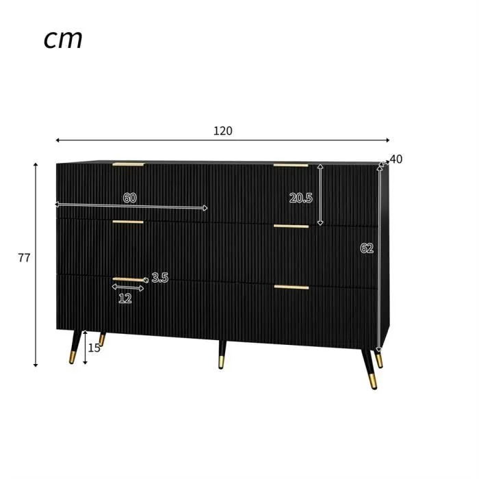 Commode 120x77x40cm - Commode à 6 tiroirs avec poignées dorées, armoire de rangement - élégant au design moderne - Noir-2