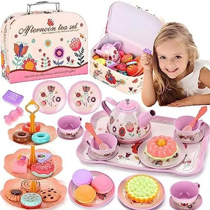 Service à Thé pour Enfants,Dînette Enfant Accessoire Jouet de Cuisine Faisant Semblant avec Valise pour Filles 3+ Ans-0