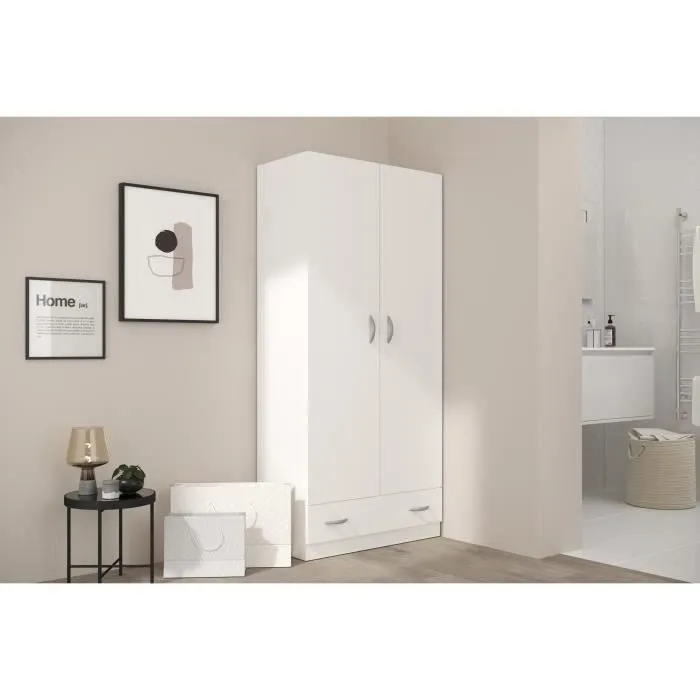 PARISOT Armoire 2 portes battantes + 1 tiroir - Panneaux de particules - Décor Blanc - L 78 cm x P 38 cm x H 170 cm - VARIA-1