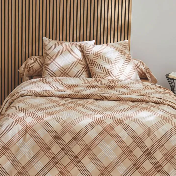 Parure de couette - Flanelle - Beige foncé - 140x200 cm - Motif graphique - 2 taies d'oreiller-0