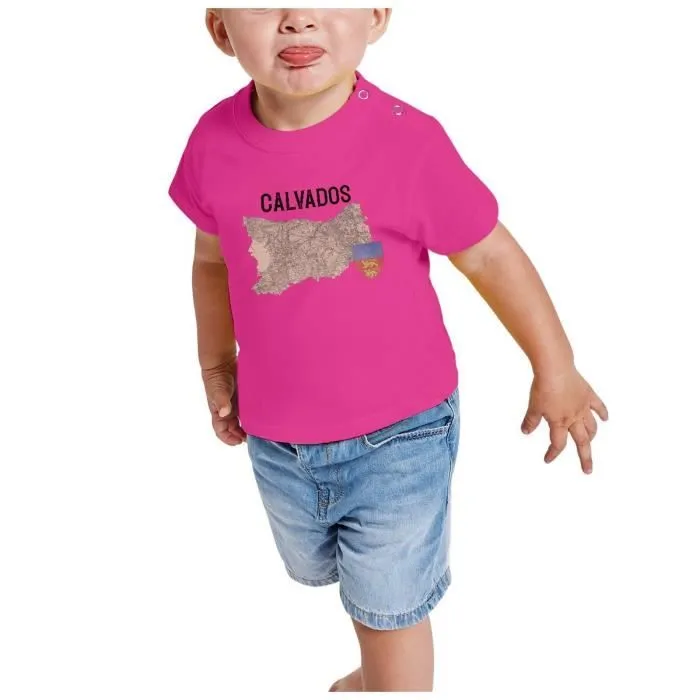 T-shirt Bébé Manche Courte Rose Calvados 14 Département Caen Carte Ancienne Normandie-1