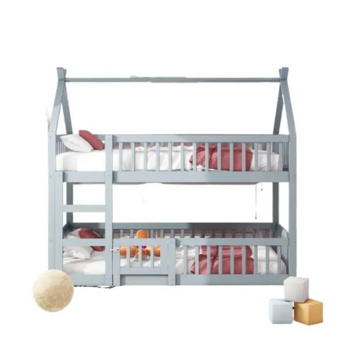 Lit superposé enfant 90x200cm - avec escalier - design loft - bois massif - gris-1