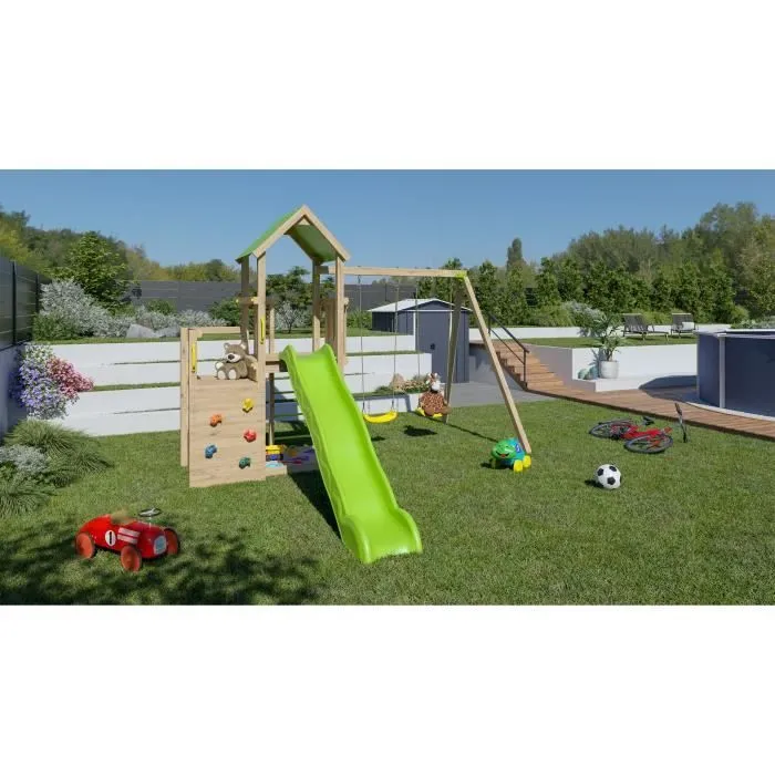 Aire de jeux en bois 2,20 m ULTRA XPERIENCE - TRIGANO JARDIN - Mur d'escalade toboggan et balançoires - 8 enfants-3