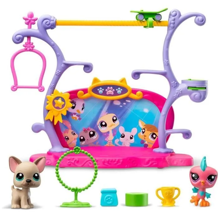 BANDAI - Littlest Pet Shop - Coffret Pets Got Talent - Ensemble de jeu avec 2 animaux, décor et accessoires - BF00558-1