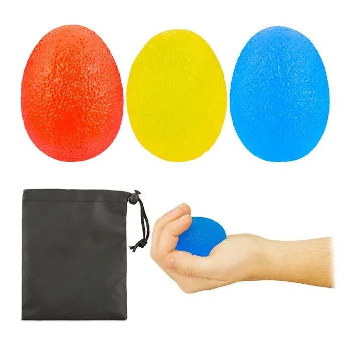 Relaxdays Lot de 3 balles à gripper en forme d’œuf, 3 niveaux de dureté, Balles pour mains, sac, rouge/jaune/bleu-0
