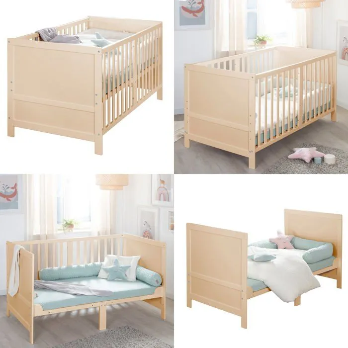 Lit Bébé Évolutif ROBA EASY SLEEP 70 x 140 cm + Matelas Roulé + Kit de Transformation - Réglable en Hauteur - Bois Naturel-4