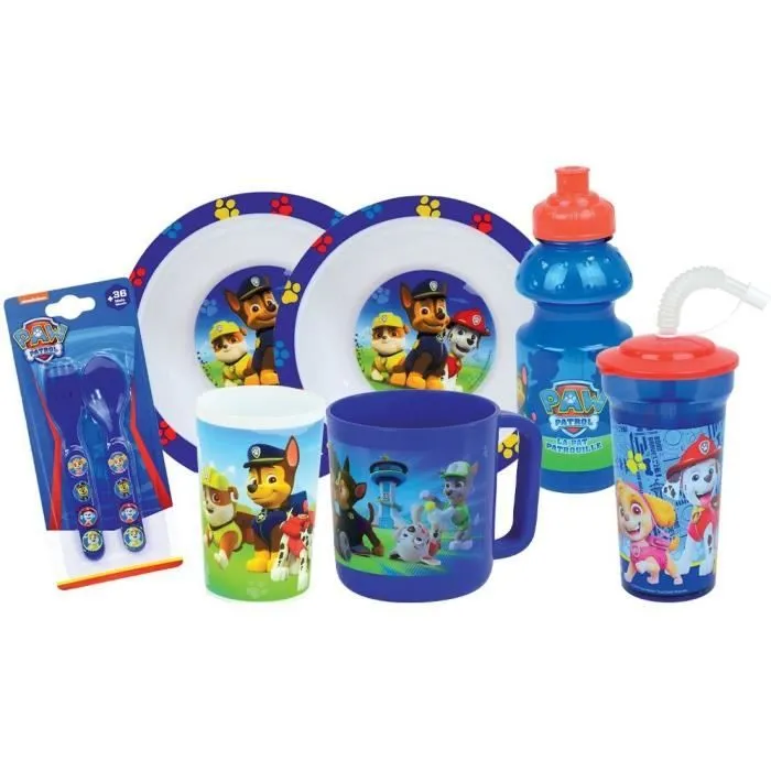 Lot vaisselle - FUN HOUSE - PAT'PATROUILLE - Verre, 2 Assiettes creuses Ø16 cm, couverts, gourde, gobelet et mug-0